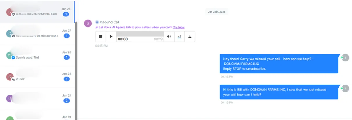 Donovan Farms text follow-up — automated text sent to a caller after the call went unanswered