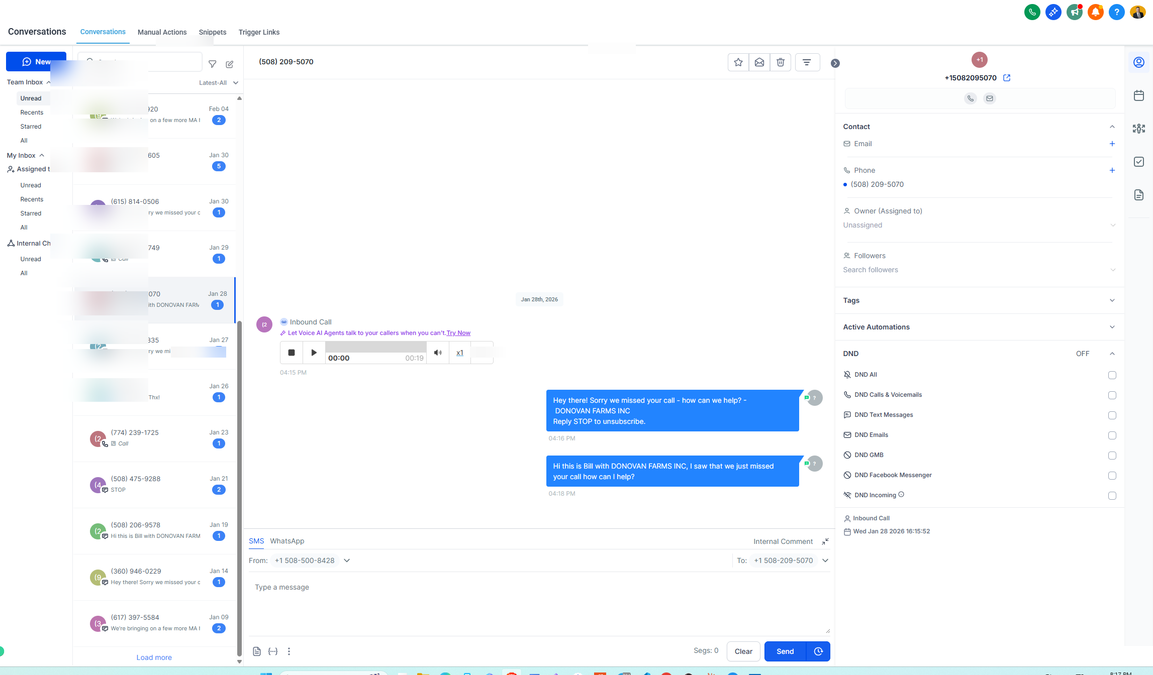 Automated missed call text-back conversation for Donovan Farms — lead captured instantly